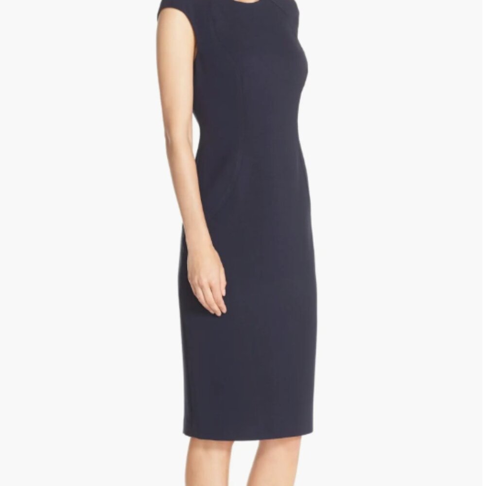 Eliza J Cap Sleeve Crepe Sheath Dress Navy Blue Size 6 - Picture 4 of 11